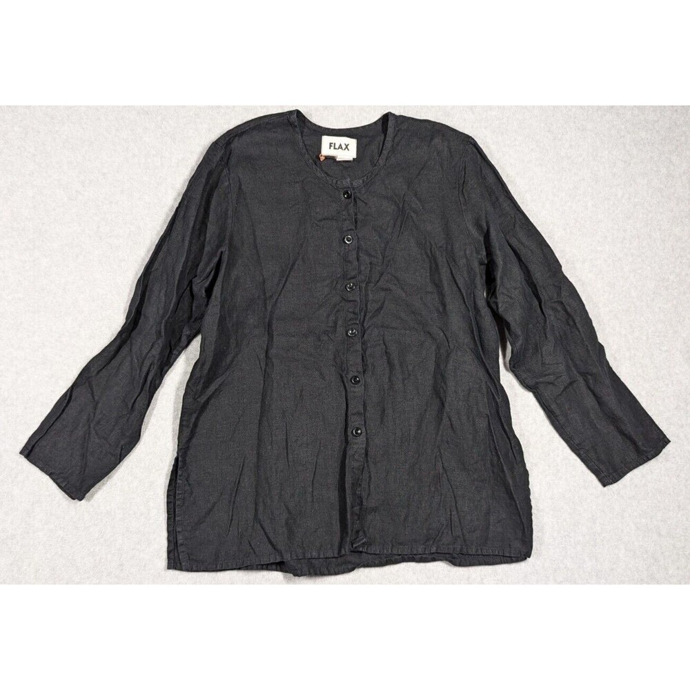 Flax Engelhart‎ Women Top Medium Linen L/S Lagenlook Vented Black Button Front